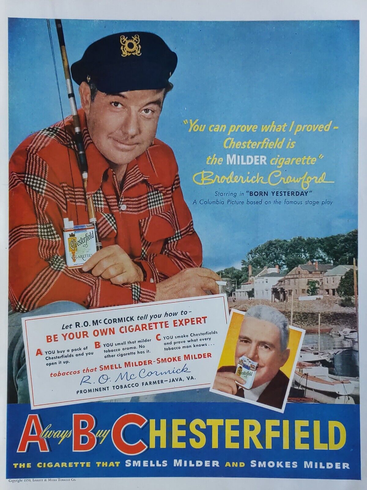  1950s vintage Chesterfield print ad. Featuring Broderick Crawford