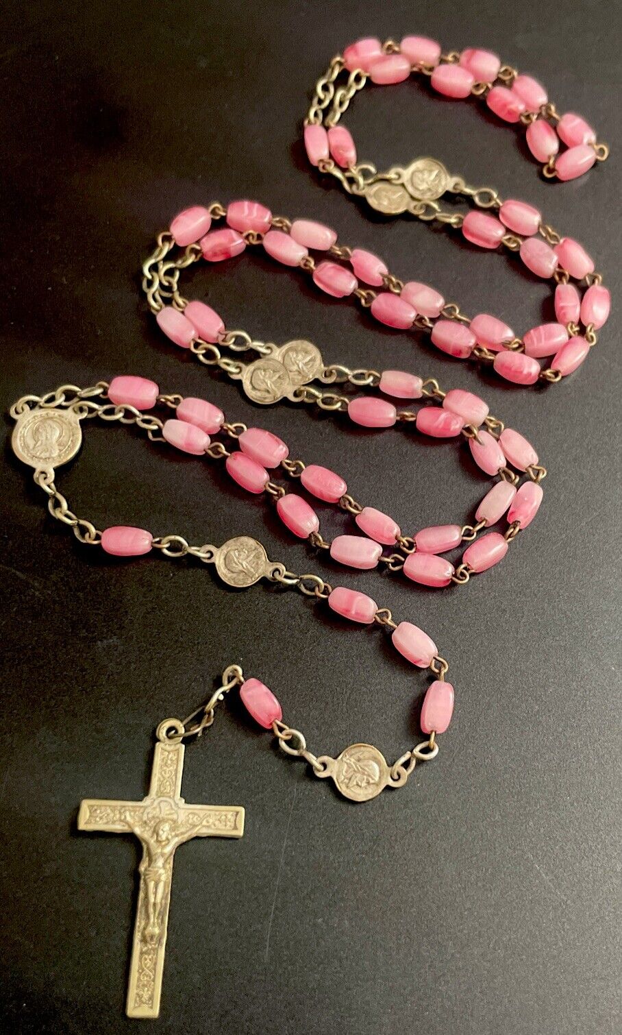 Vintage Pink Milk Glass Lourdes Medal Rosary, SilverTone Crucifix,France