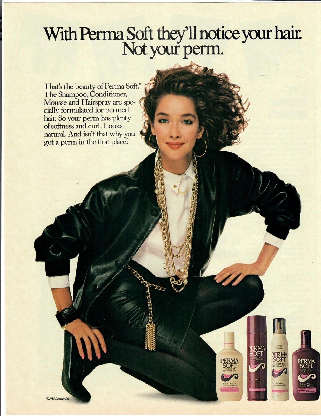1988 Perma Soft Vintage Print Ad Shampoo Conditioner Hair Spray Chic Woman