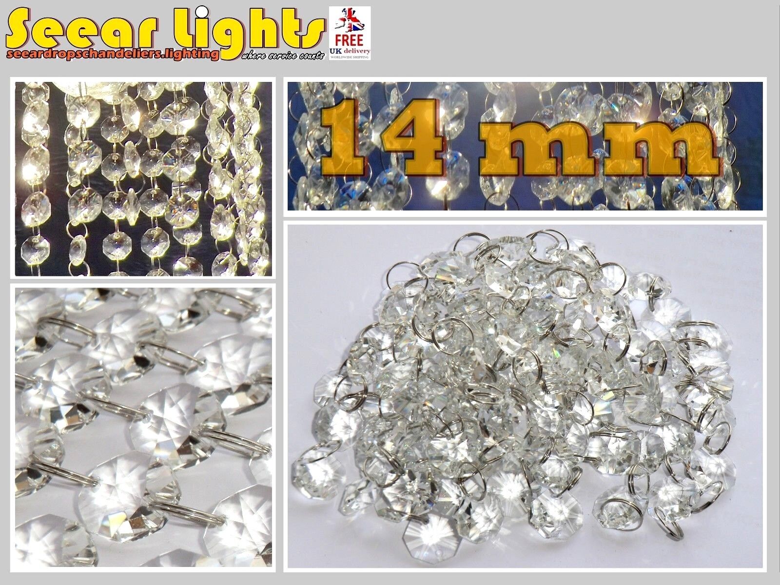 6.5ft CHANDELIER LIGHT CRYSTALS DROPLETS 100 CUT GLASS BEADS WEDDING DROPS 14mm