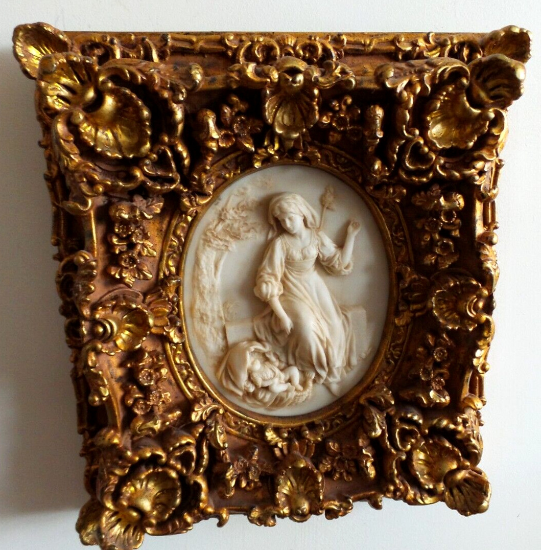 ANTIQUE VICTORIAN GOLD GESSO ORNATE FRAME WITH MARBLE INSERT MOTHER WITH CHILD