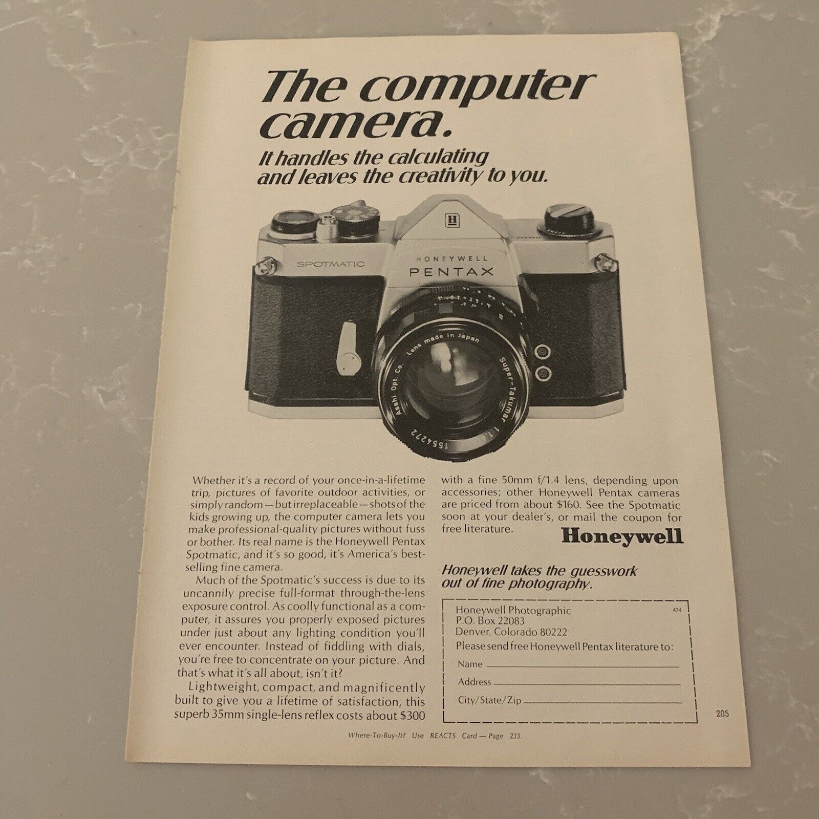 1969 Honeywell Pentax Spotmatic Print Ad Camera Original Vintage Black & White