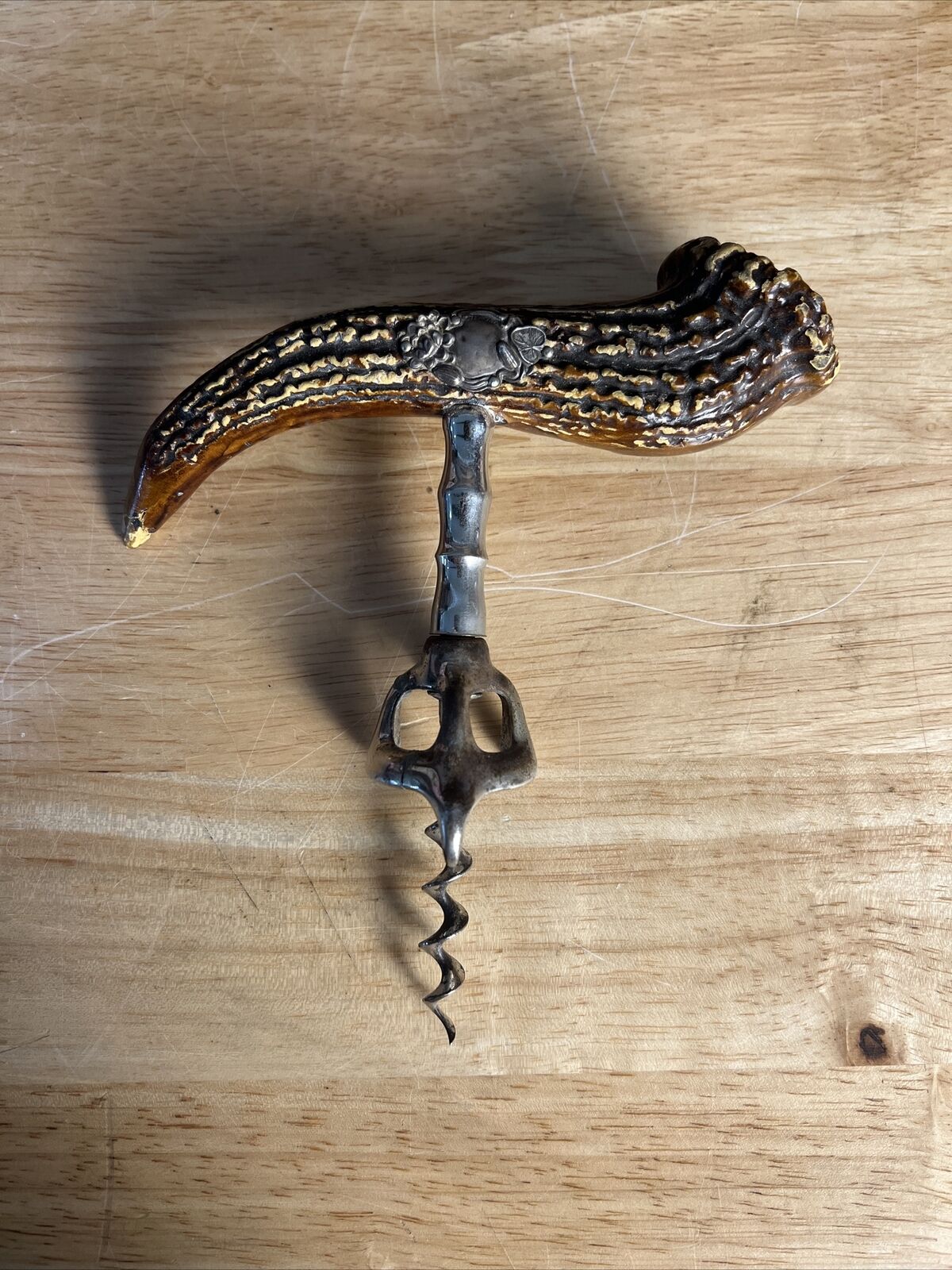 Antique Vintage Stag Horn Cork Screw w Sterling Repousse Medallion