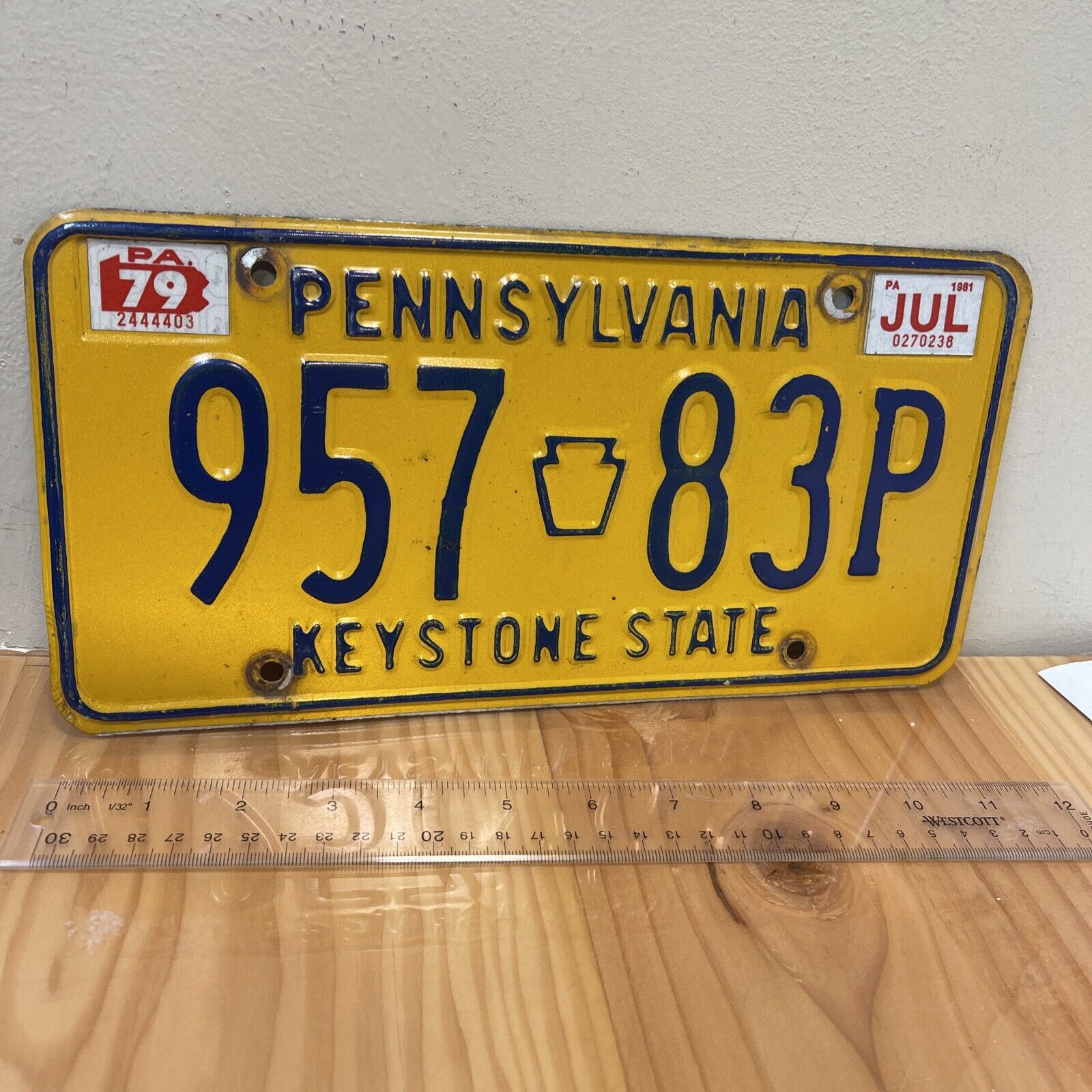 Vtg PA Pennsylvania License Plate 1980's Yellow Keystone State 957 83P