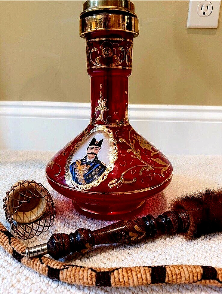 Rare Antique Persian Hookah. Naser Al-Din Shah Qajar. Ruby Red Bohemian Glass.