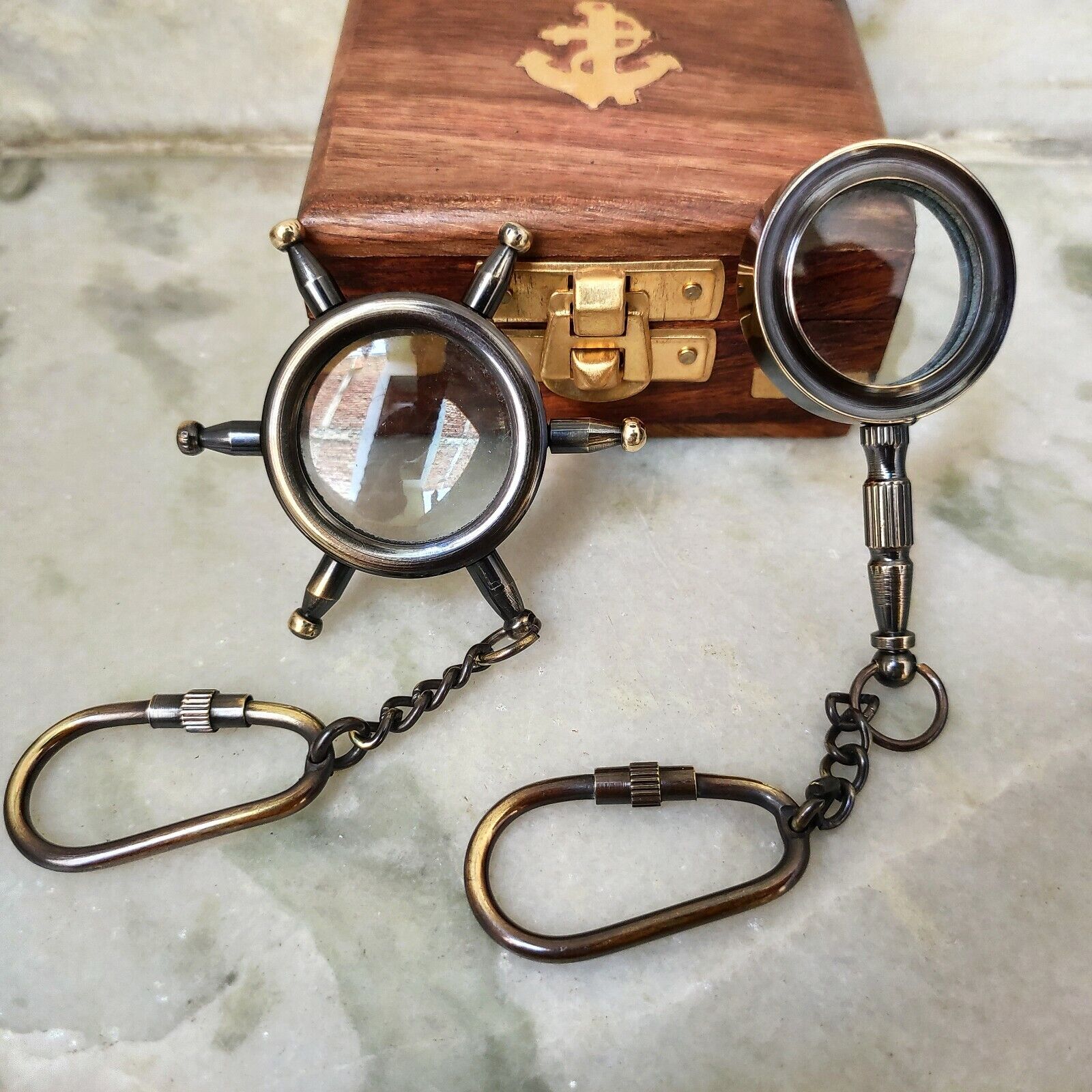 Antique Set of 2 Brass Keychain Magnifier With Wood Box gift