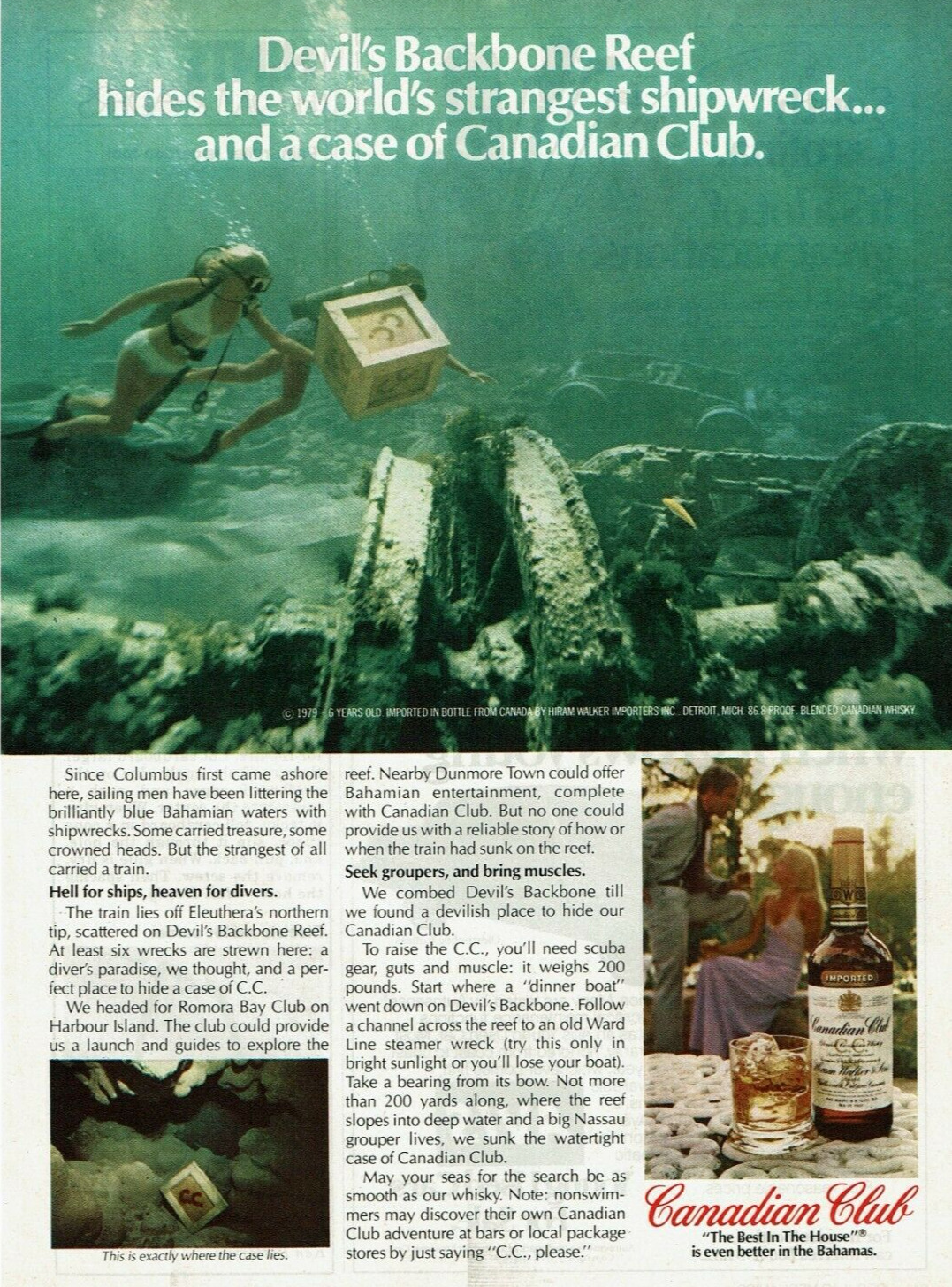 Vintage Print Ad 1979 Canadian Club Whiskey Devil\'s Backbone Reef Girl Diver