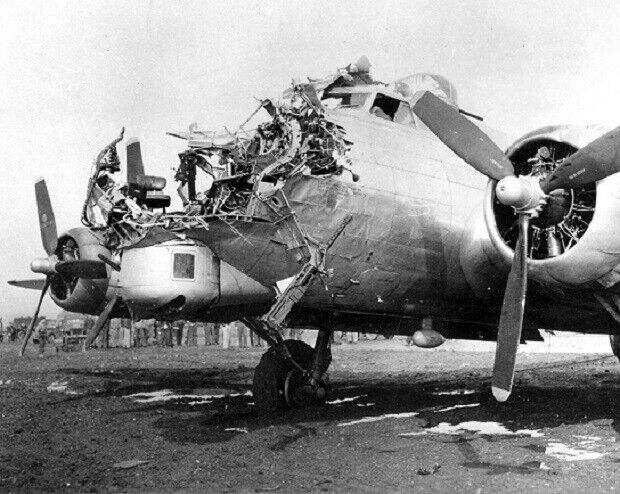 B-17 Flying Fortress Bomber with Heavy Flak Damage, Crash, 8x10 WWII Photo 658a