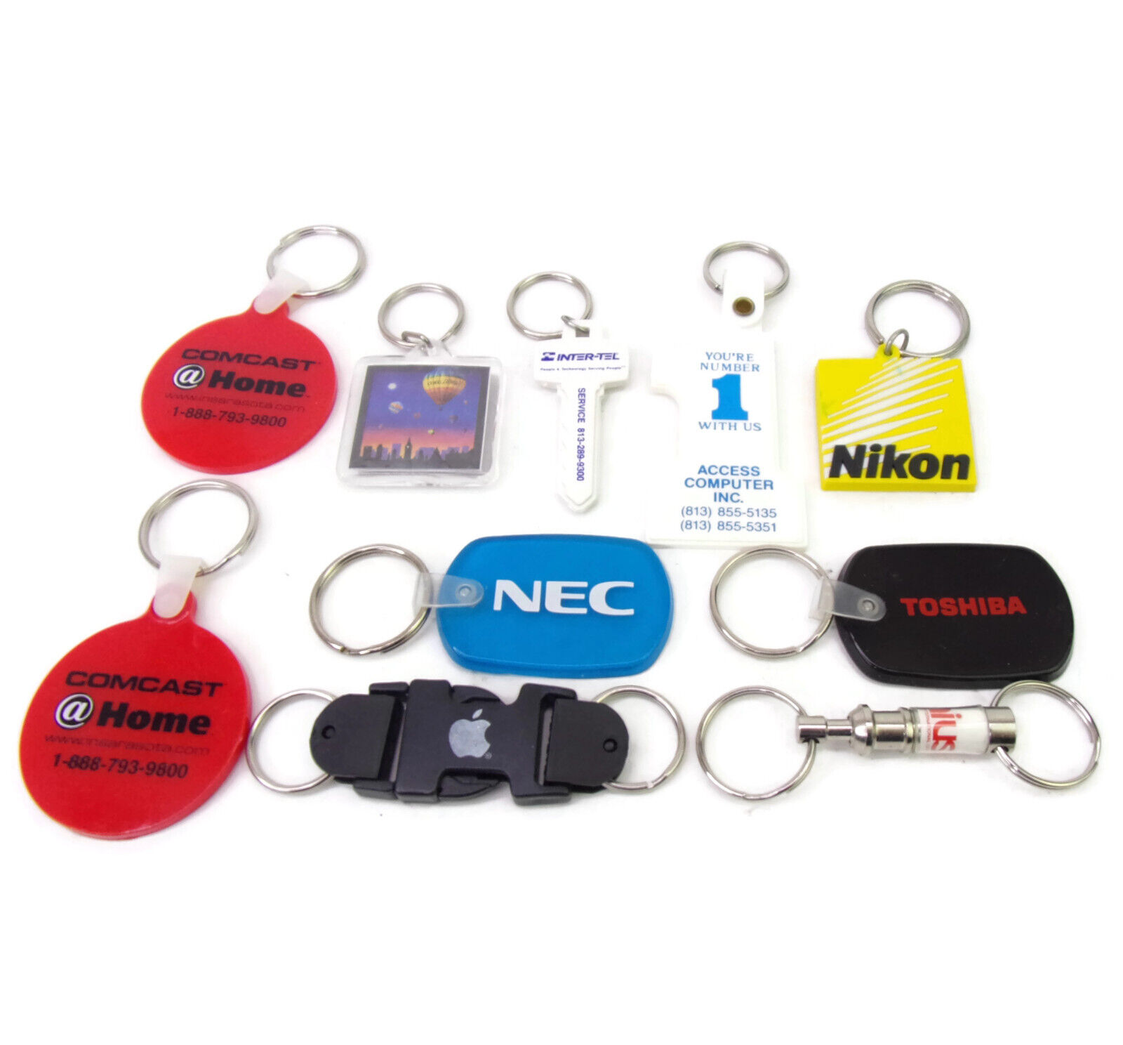 Lot Of 10 Assorted Technology Themed Keychains ~ NEC Toshiba Apple Nikon ~