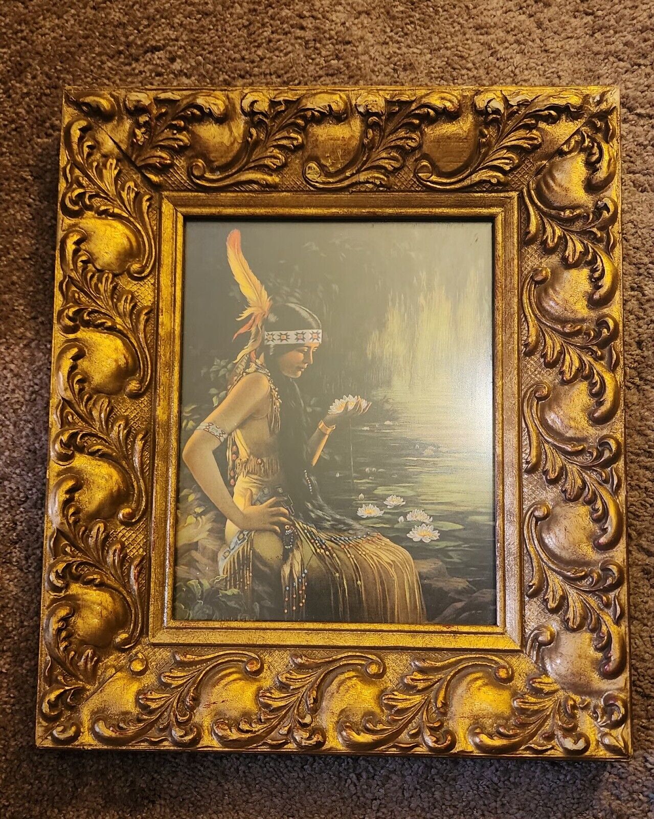 Ornate Gold Gilt Frame Indian Maiden With Lilies Lithograph 13x15