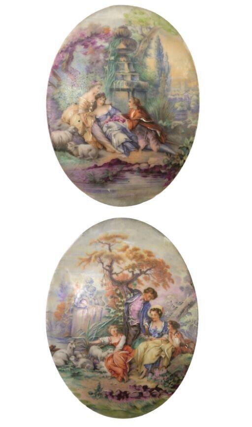 TWO French Porcelain Transfer Printed Wall Plaques With Hand Painted Highlights