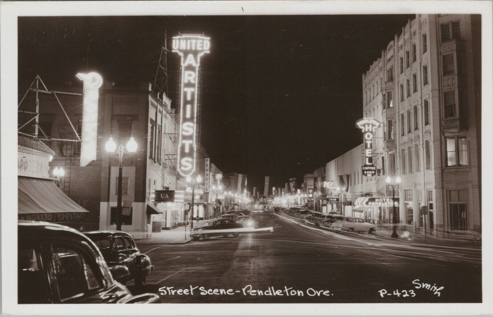 RPPC Pendleton OR United Artists Theater Hotel Night Neon Lights Smith N267
