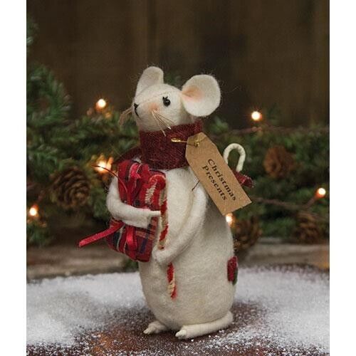 New Primitive COUNTRY CHRISTMAS MOUSE DOLL Candy Cane Present Wool Figure 6\