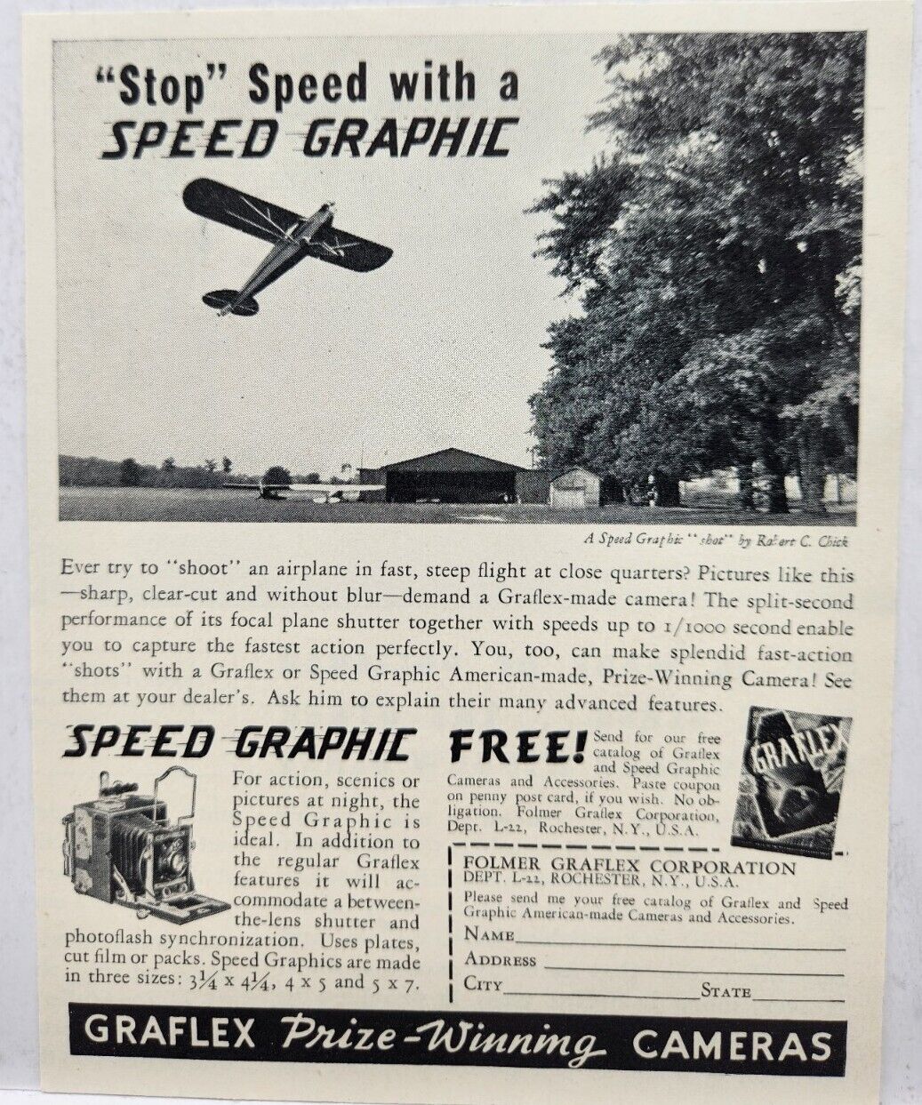 1937 Graflex Camera Airplane Vintage Print Ad Poster Man Cave Art Deco 30\'s