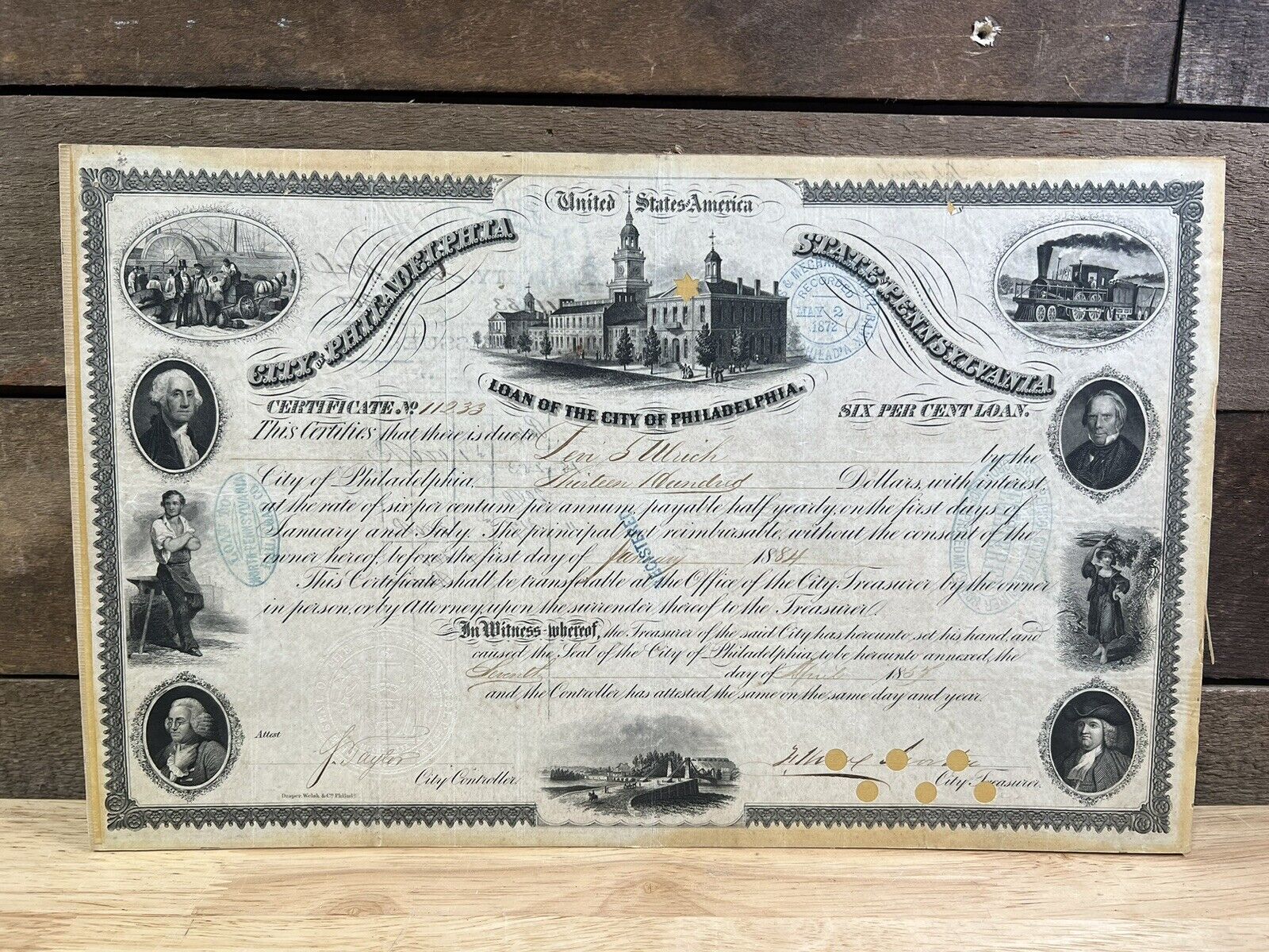 Antique 1884 Loan Of The City Of Philadelphia Certificate