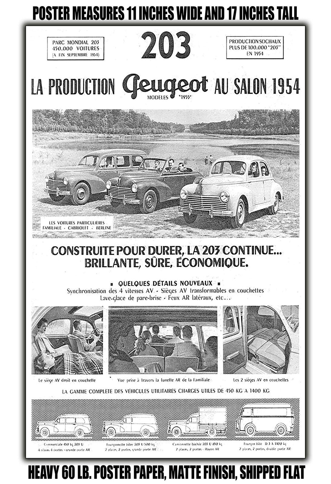 11x17 POSTER - 1954 Peugeot 203 Peugeot Production Models 1955 At the 1954 Salon