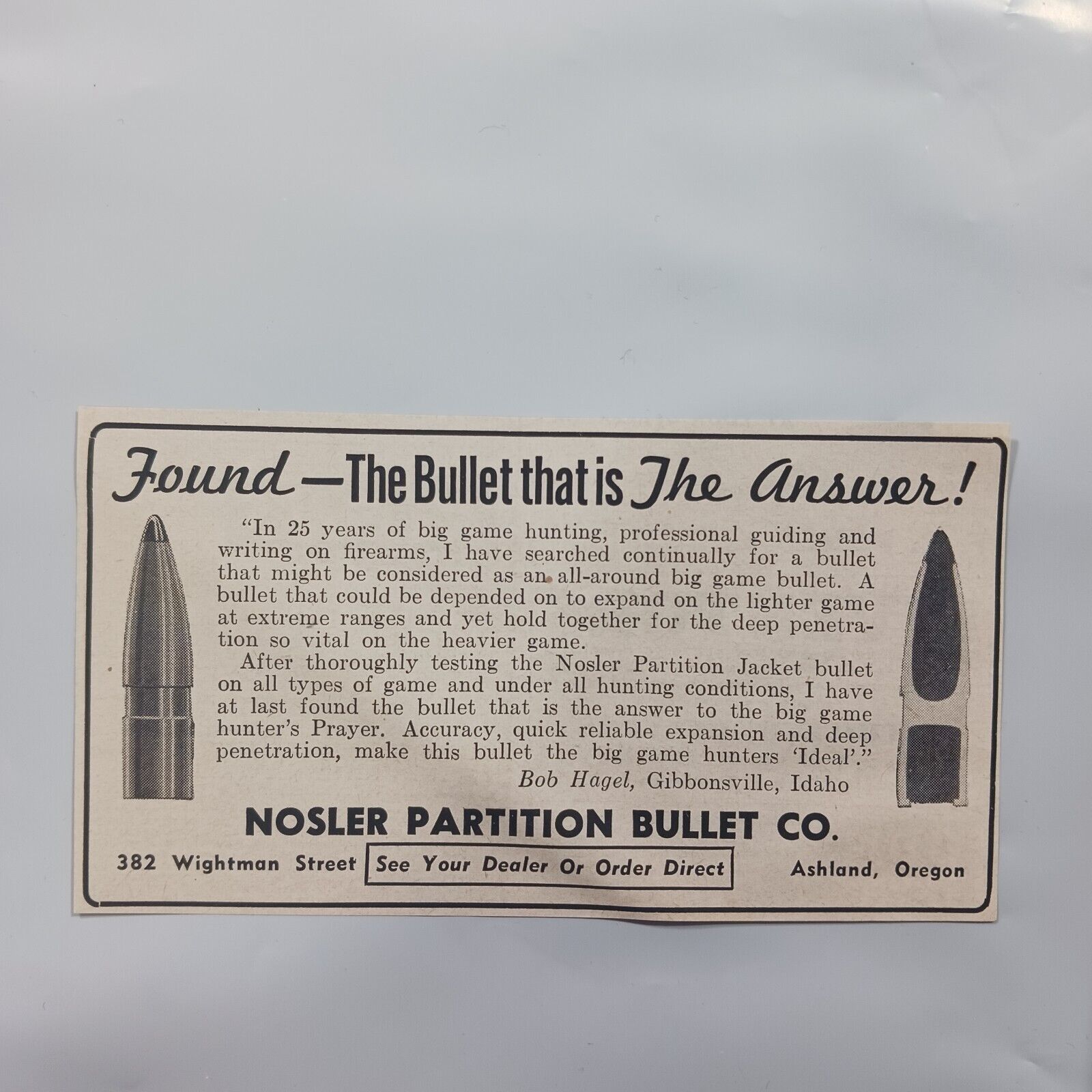 1956 VINTAGE NOSLER PARTITION BULLET CO. PRINT AD