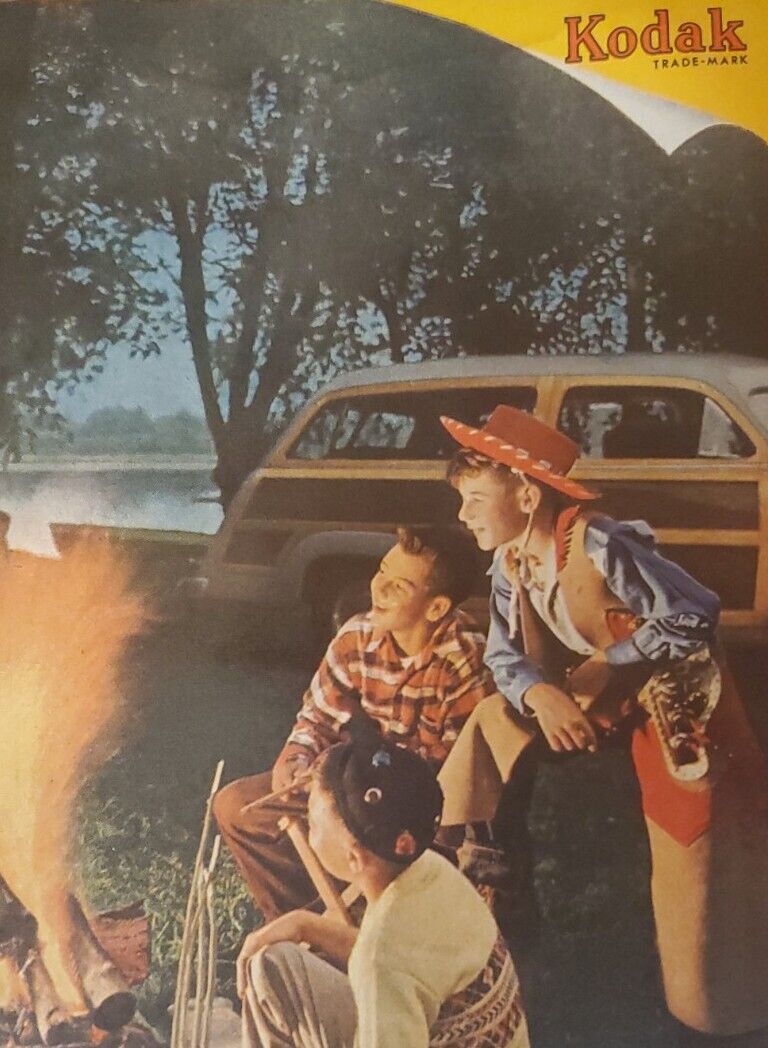 Kodak Cameras & Film / Family Campfire Snapshot, 40s-50s Vintage Print Ad.