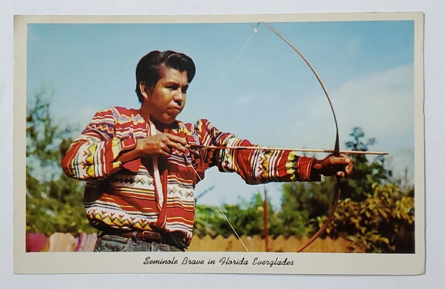 Postcard Seminole Brave in Florida Everglades USA Native Tribal Bow Arrow