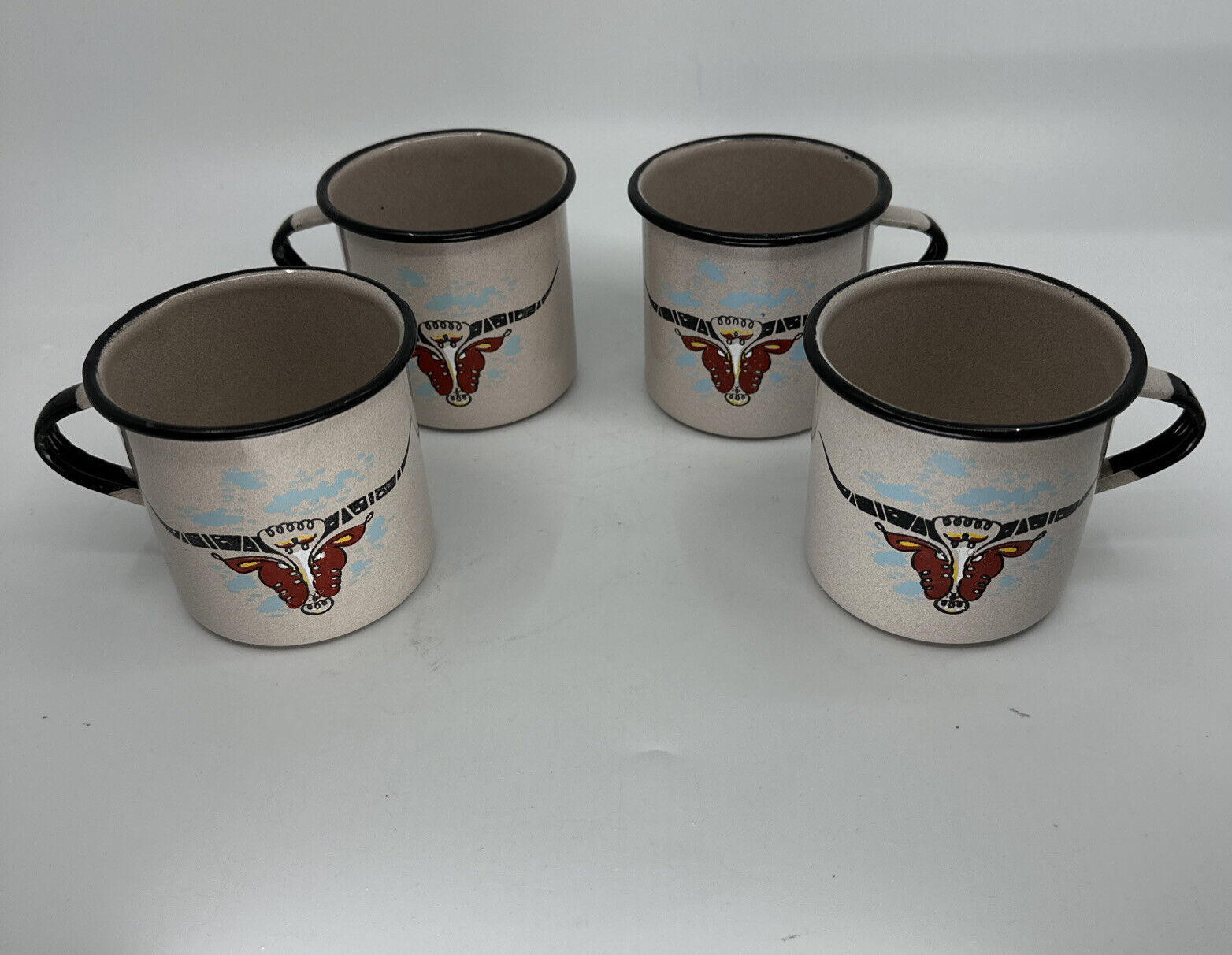 Set of 4 Enamelware Western Longhorn Steer Cups Mugs Vintage Mexico Cowboy