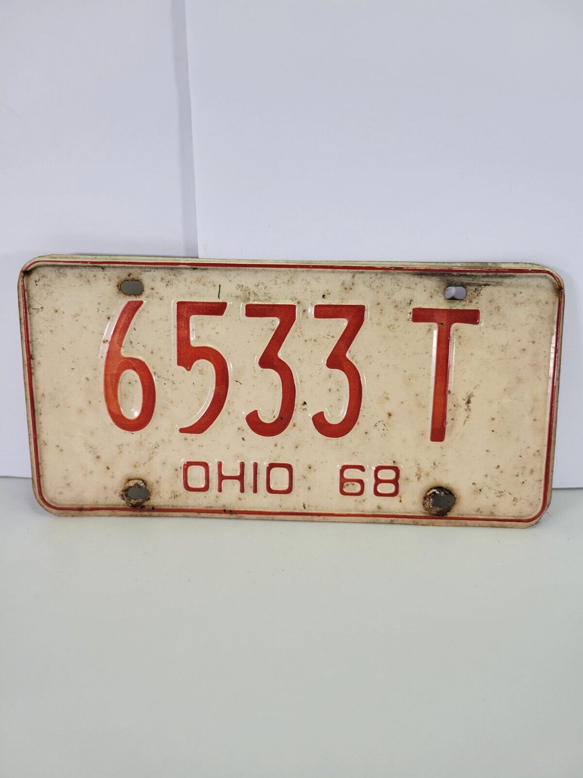 Vintage 1968 Ohio License Plate Red Lettering White Background 6533 T