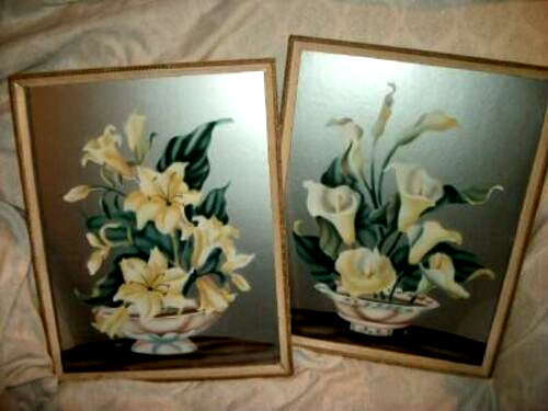 1950s AIRBRUSH OIL PAINTINGS STYLIZED FLOWERS LILIES SILVER BOARD CALIFORNIA ART