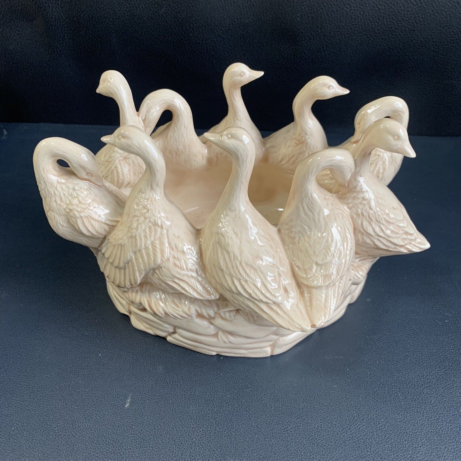 Vintage Ceramic Geese On Nest Planter Bowl Signed, 10 Geese Two Piece Mold