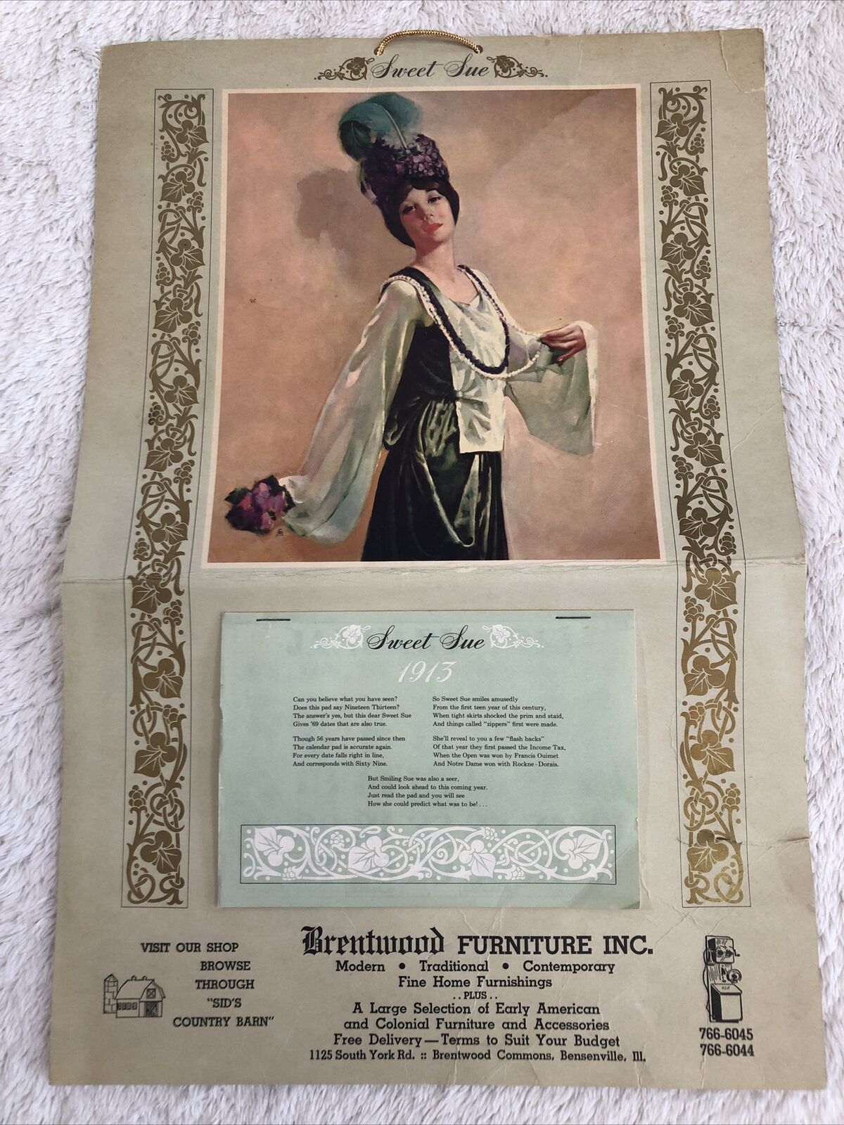 Antique 1913 Sweet Sue Calendar Brentwood Furniture Inc. Advertising