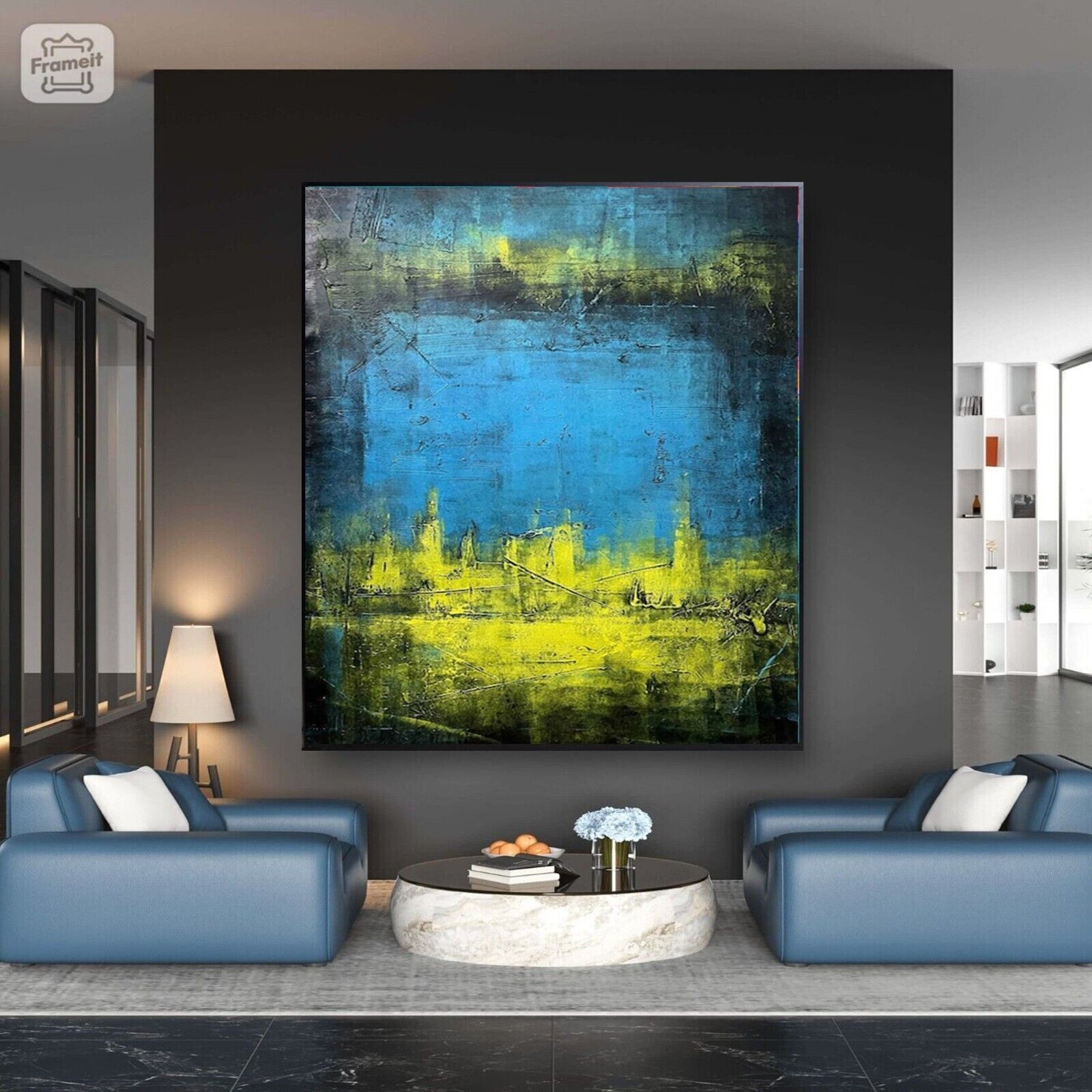 Sale Abstract Blue Yellow Colors HANDMADE 60H X 48W Painting Winford2495 Now 995