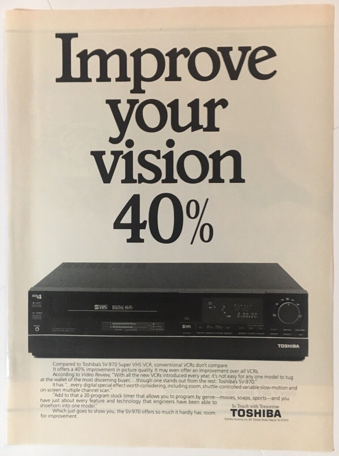 Toshiba SV-970 Super VHS VCR 1988 Vintage Print Ad 8x11 Inches Wall Decor