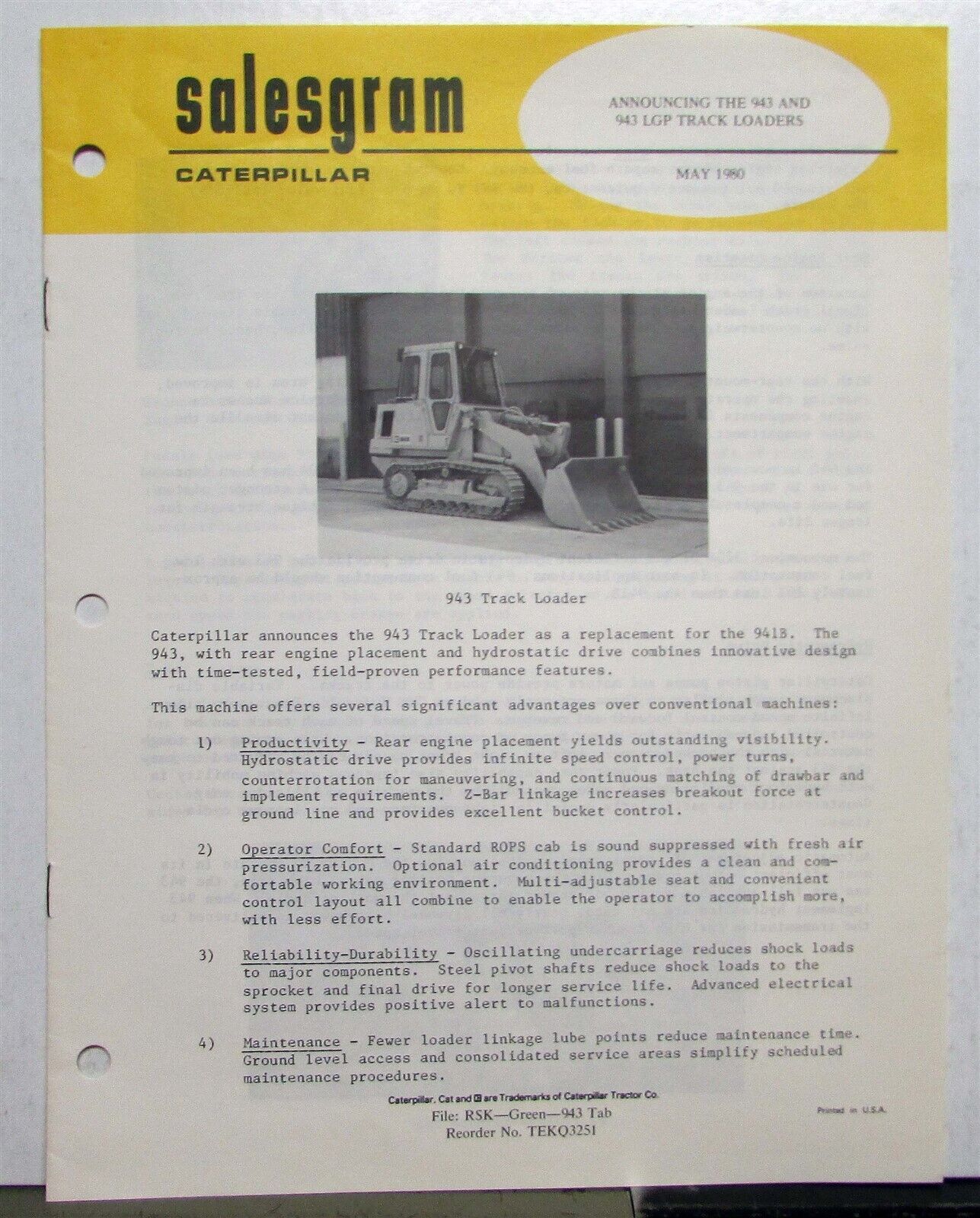 1980 Caterpillar 943 LGP Track Loaders Specifications Construction Salesgram
