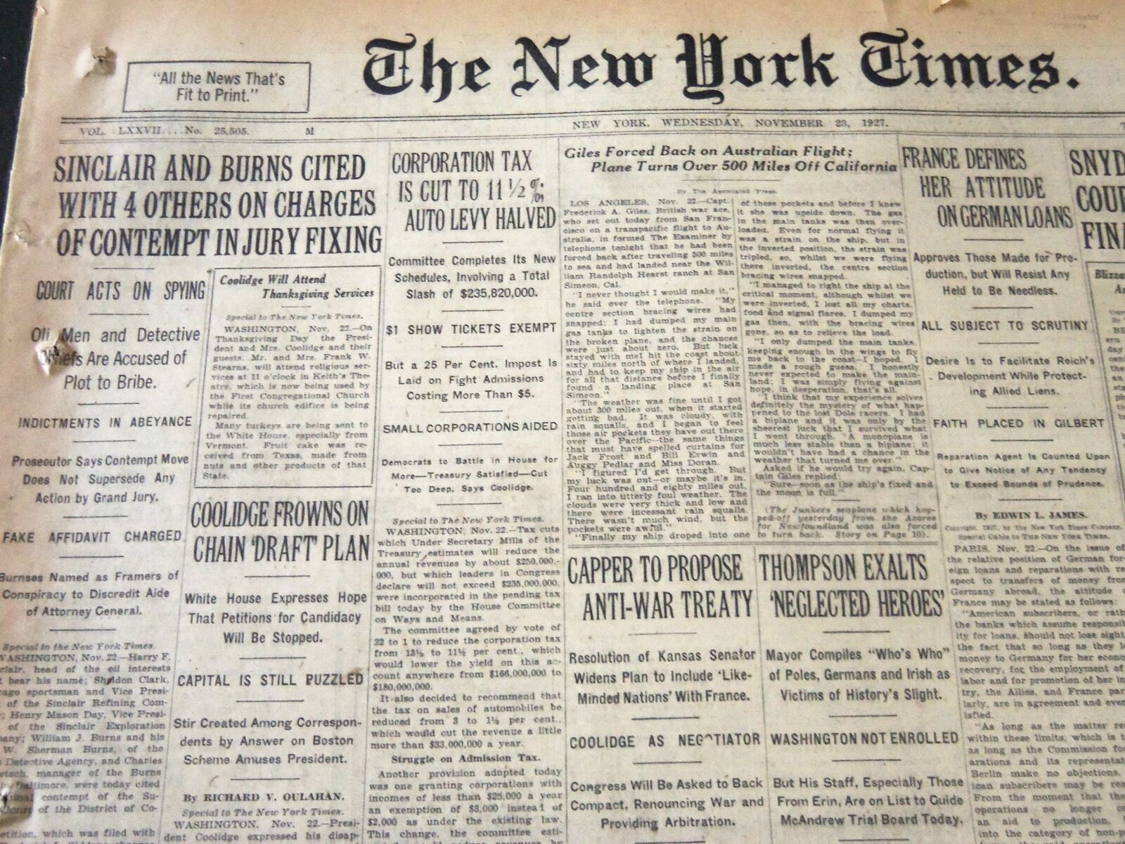 1927 NOV 23 NEW YORK TIMES - SINCLAIR AND BURNS CITED IN JURY FIXING - NT 6401