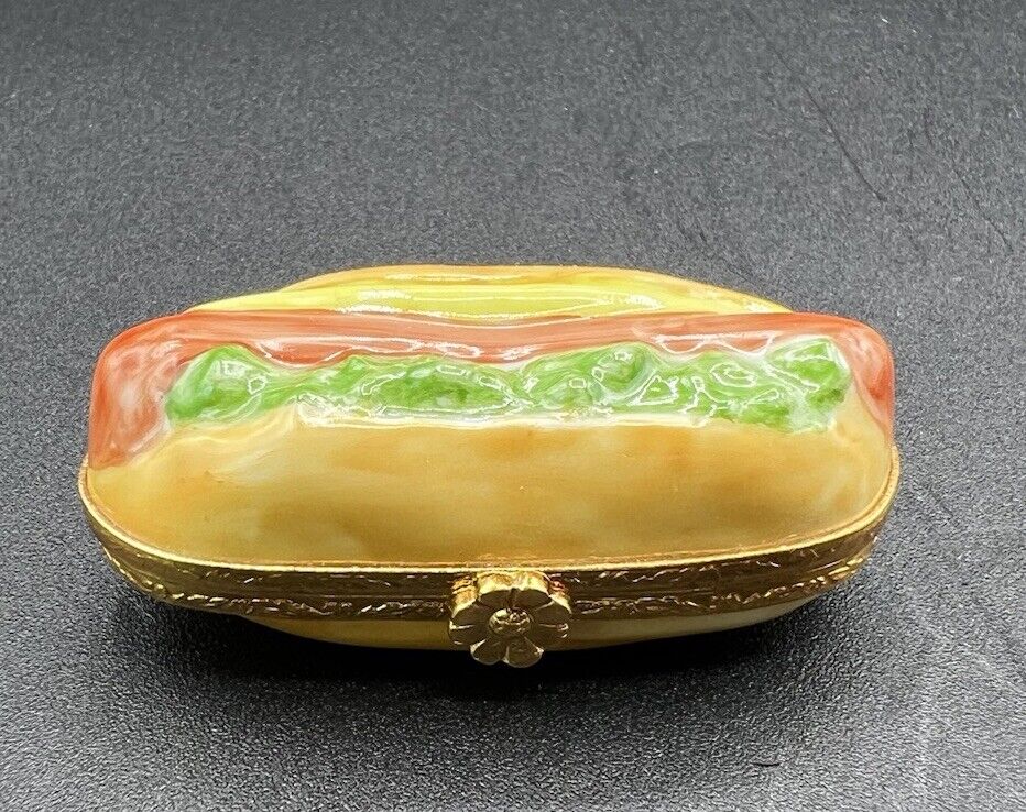 Artoria Limoges France Porcelain “Hot Dog” Trinket Box Peint Main Limited #216