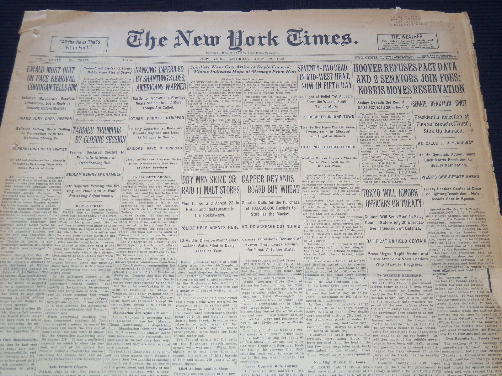 1930 JULY 12 NEW YORK TIMES NEWSPAPER - JONES WITH 144 TIED FOR SECOND - NT 9430