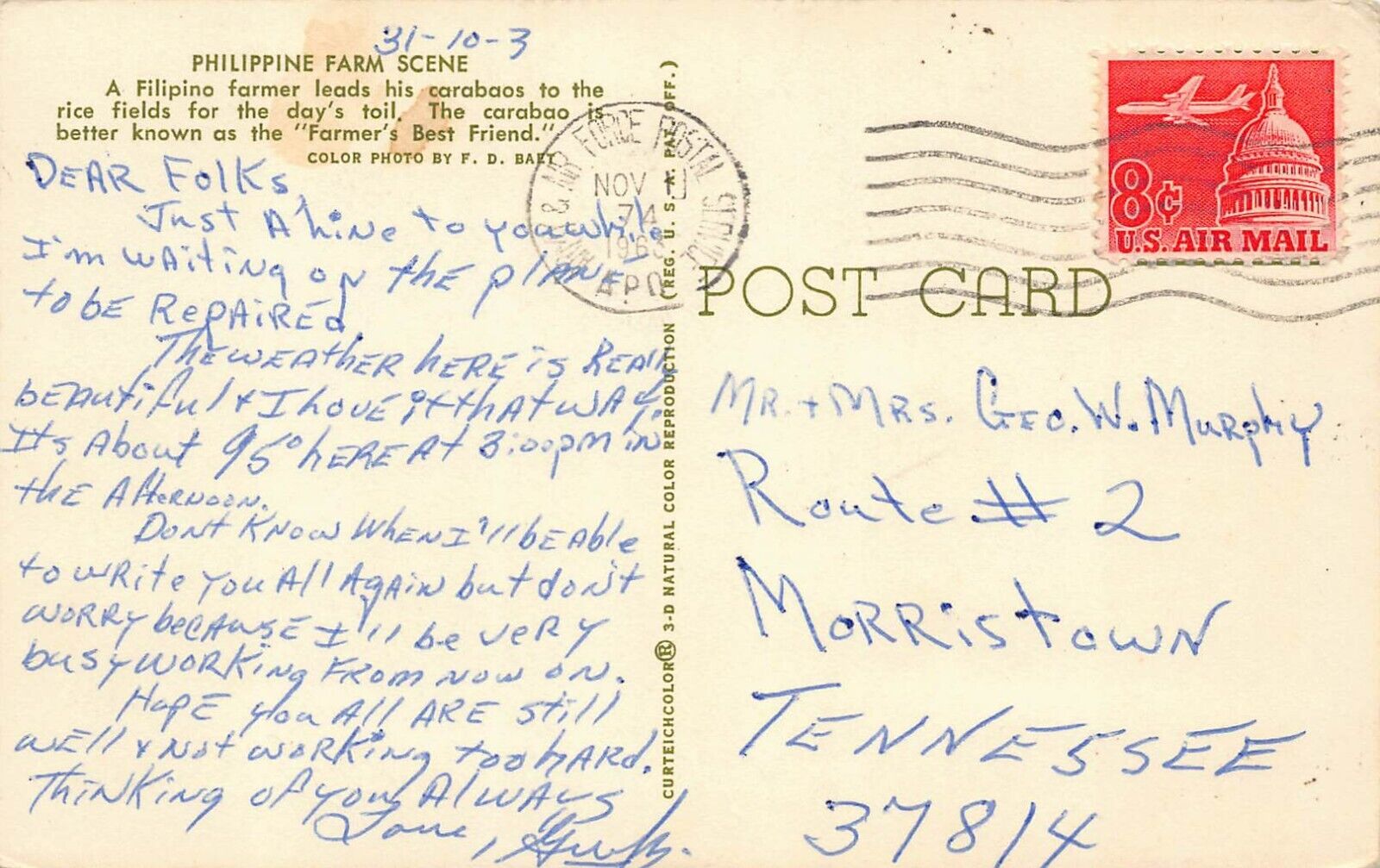 APO 74 USAF Air Force Pilot Mail 1963 Vietnam War Philippines Base Postcard U1
