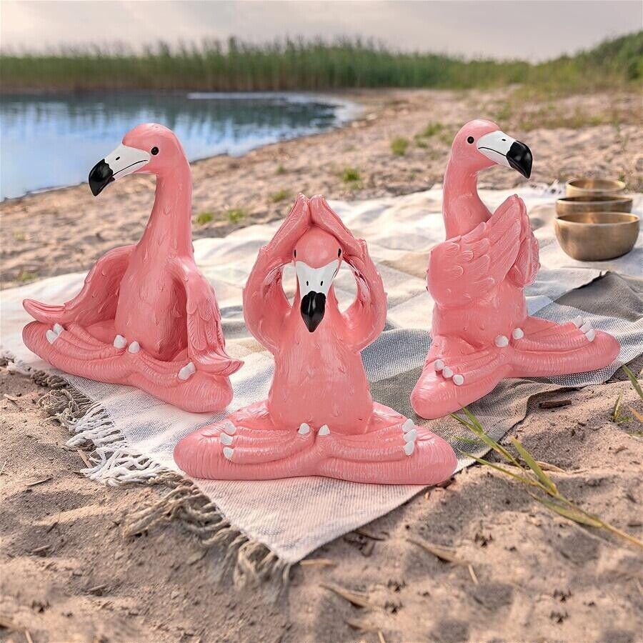Large Set of 3: Yoga Meditation Trio Pink Flamingos Lotus Legs Namaste Statues