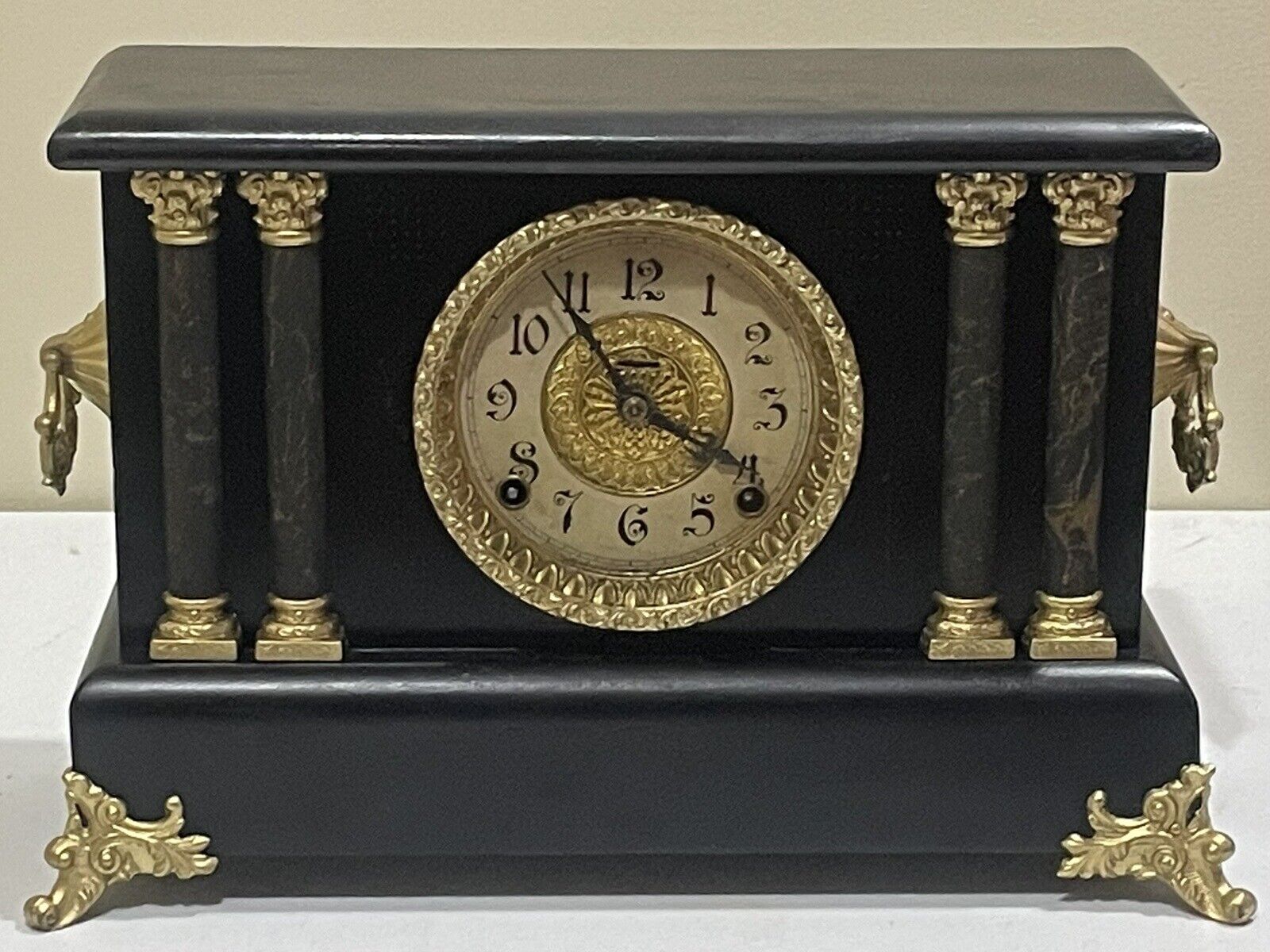 Antique E Ingraham 8 Day Mechanical Black 4 Pillar Mantle Shelf Gong Chime Clock