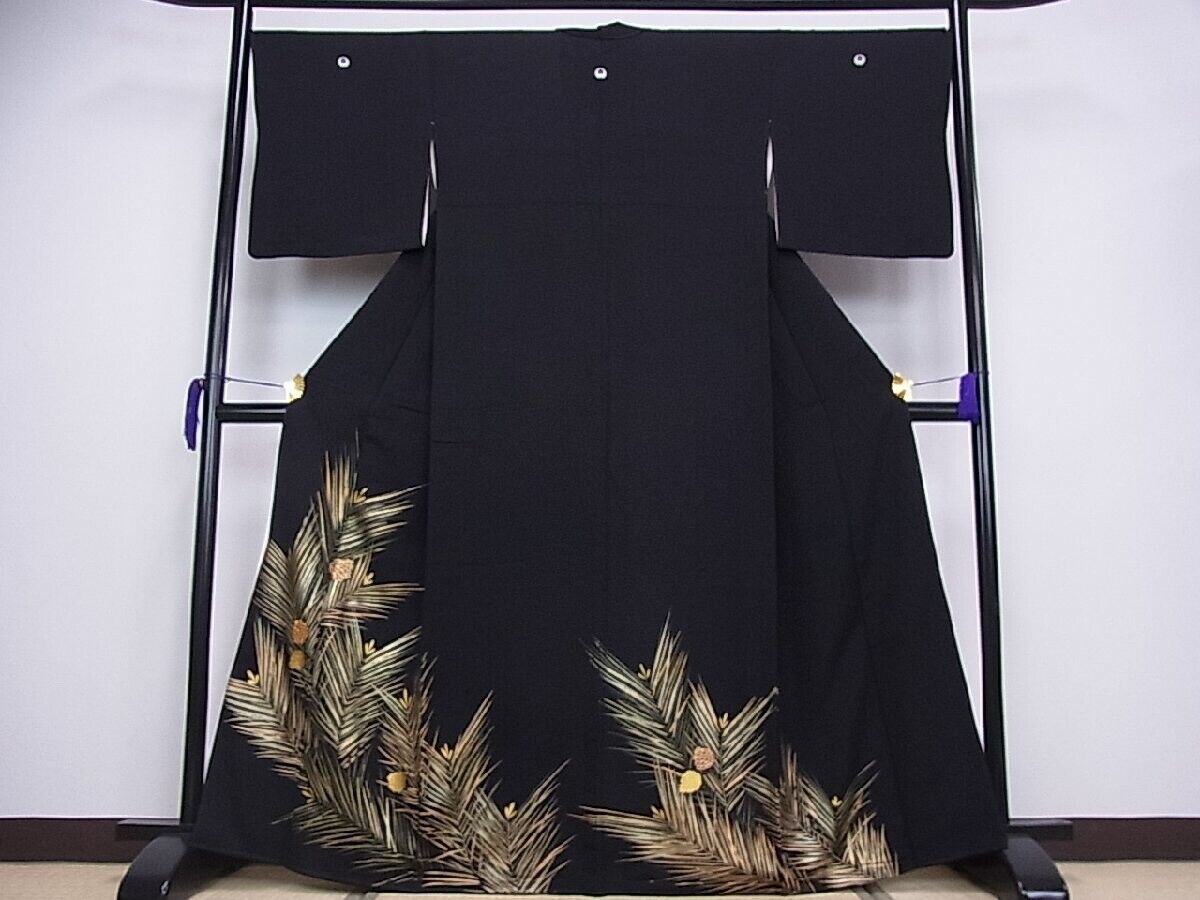 Authentic Japanese Silk Kimono black tomesode embroidery pine cone gold