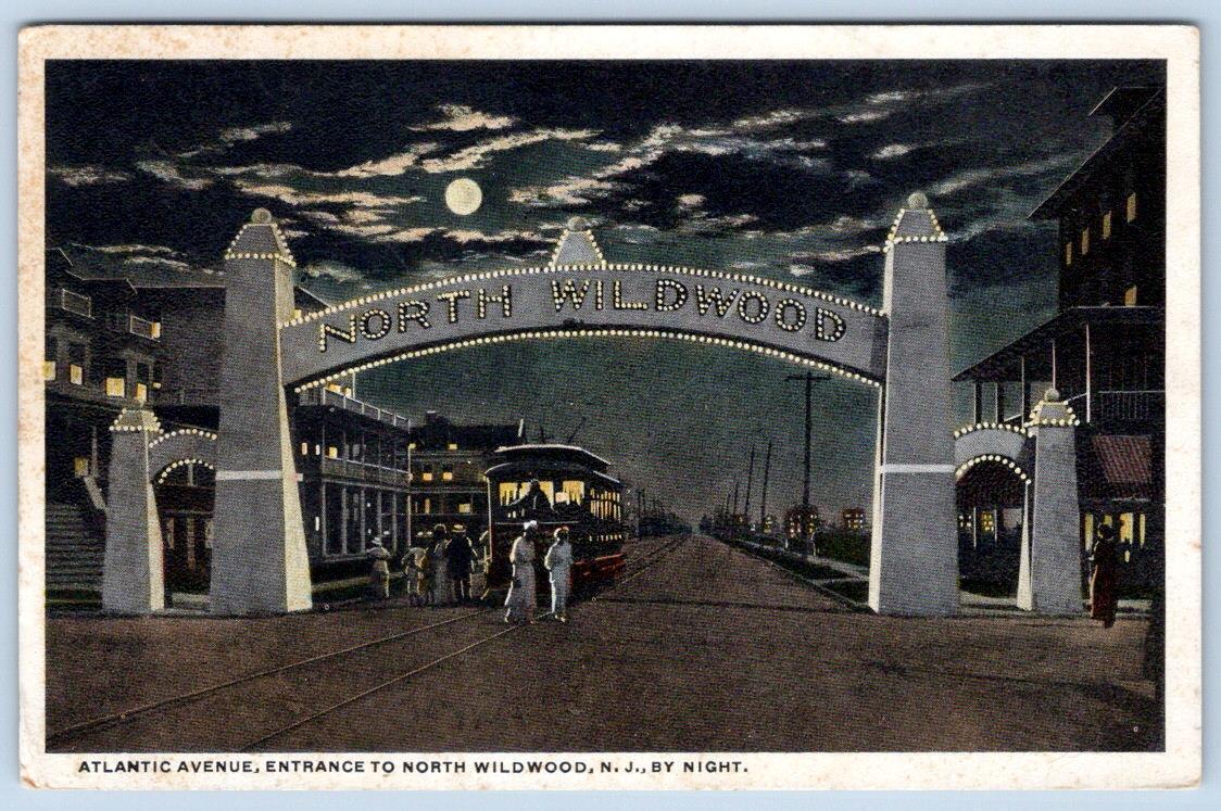 1918 NORTH WILDWOOD NJ ARCH ENTRANCE AT NIGHT ATLANTIC AVENUE ANTIQUE POSTCARD