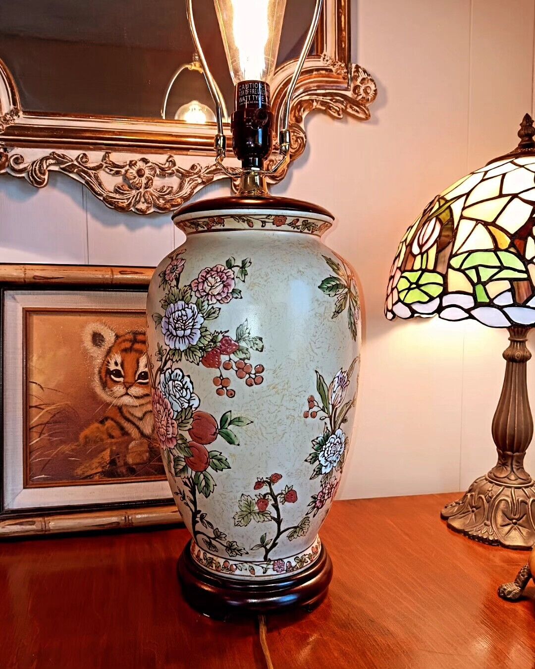 Vintage Hand painted Chinoiserie Ginger Jar Vase Table Lamp