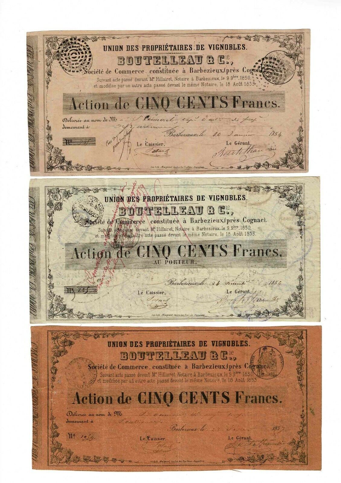 BOTTLE & Cie à Barbezieux - shares of 500 francs (1854-1857)