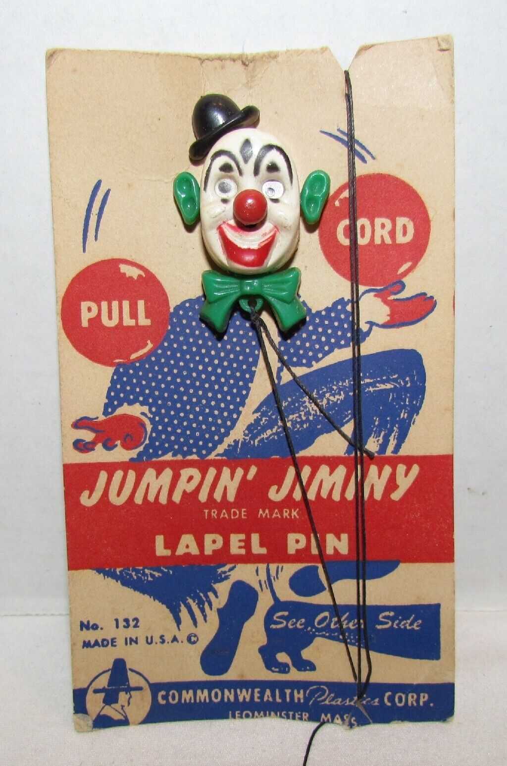 1950s Jumpin\' Jiminy Lapel Pin , pull string clown pin, Commonwealth Plastics