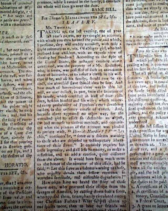 Nice 18th Century Massachusetts Spy Publisher Isaiah Thomas 1798 old Newspaper