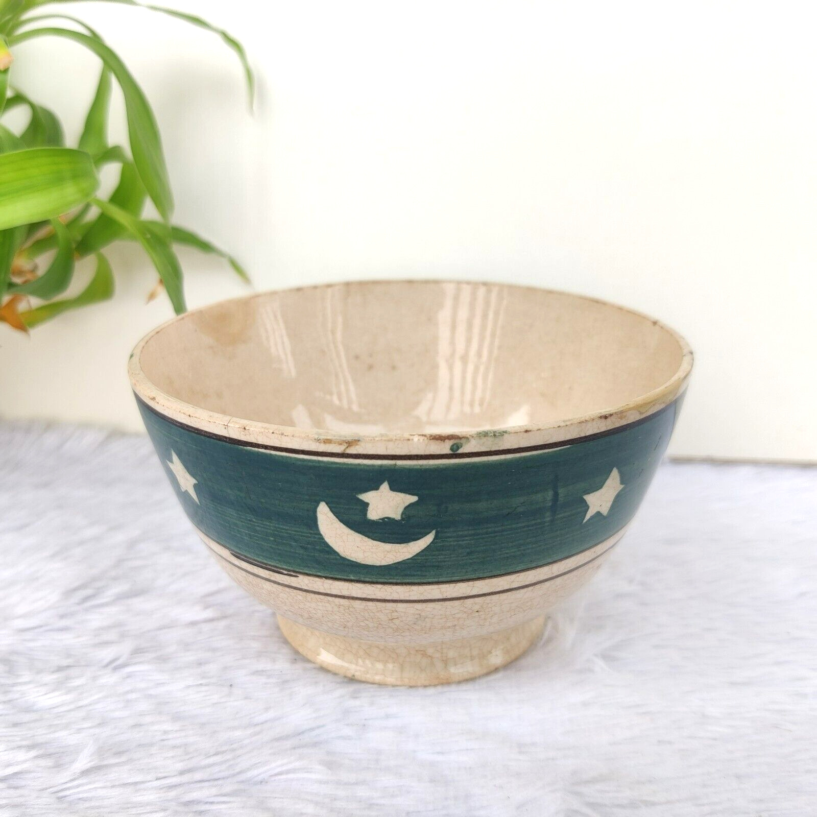 19c Vintage Crescent Moon Stars Decorated Ceramic Bowl Islamic Collectible C175