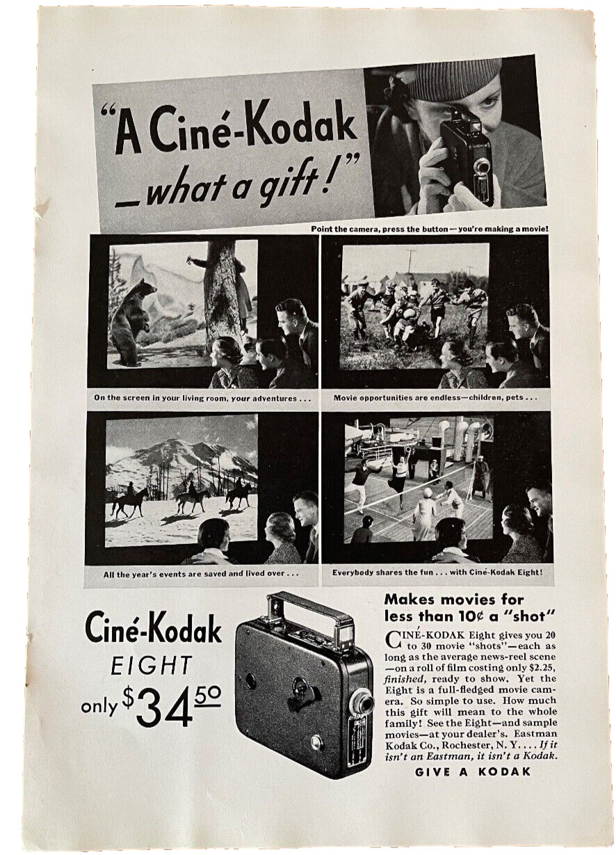 1934 Cine\'-Kodak Eight Movie Camera Vintage Print Ad - Ephemera Full Page B&W