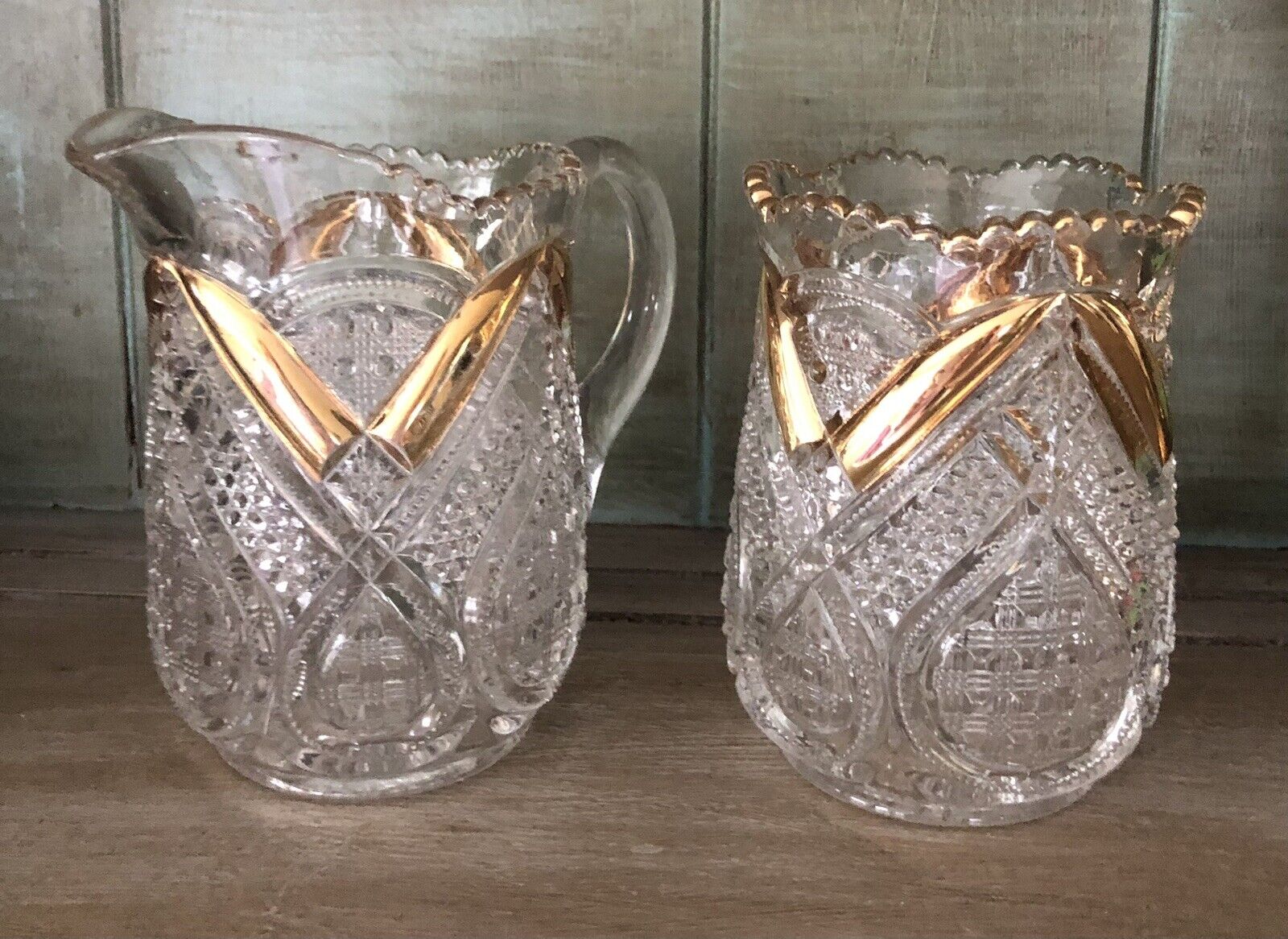 Vintage Early American Pressed Glass Sugar/Spooner & Creamer With Gold Trim 