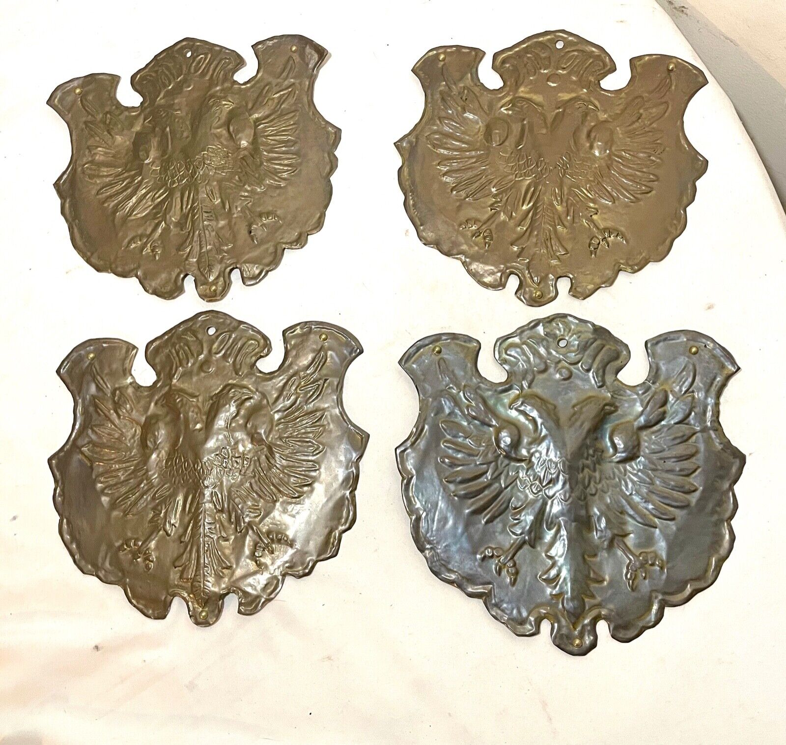 4 antique vintage hand tooled double headed eagle relief brass shield appliqué
