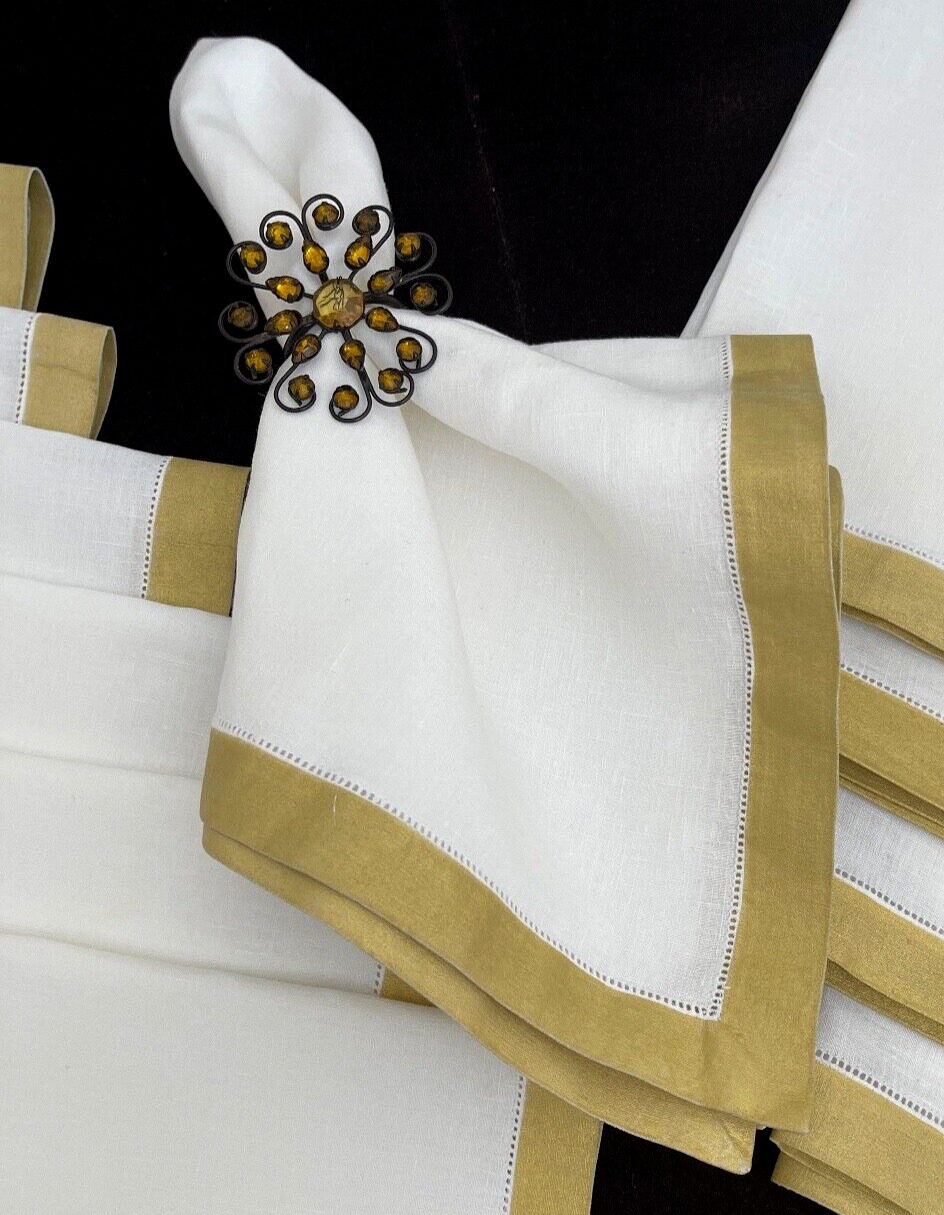 Bergdorf Goodman Napkins - 12 Vintage Fine White Linen w/ Gold Borders NWT YY512