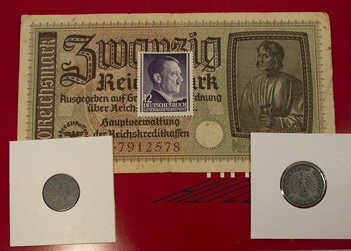 World War II CERTIFIED Two German Coins 1,10 Rp & 20 Reichsmark Bill & Stamp 