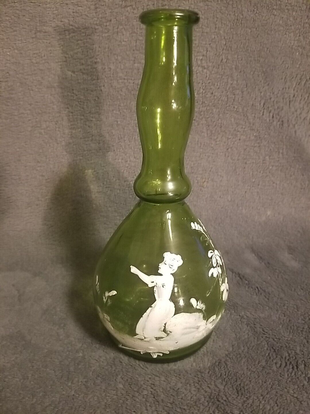 Rare Antique Green  Mary Gregory Pontiled Glass Barber Bottle 8”